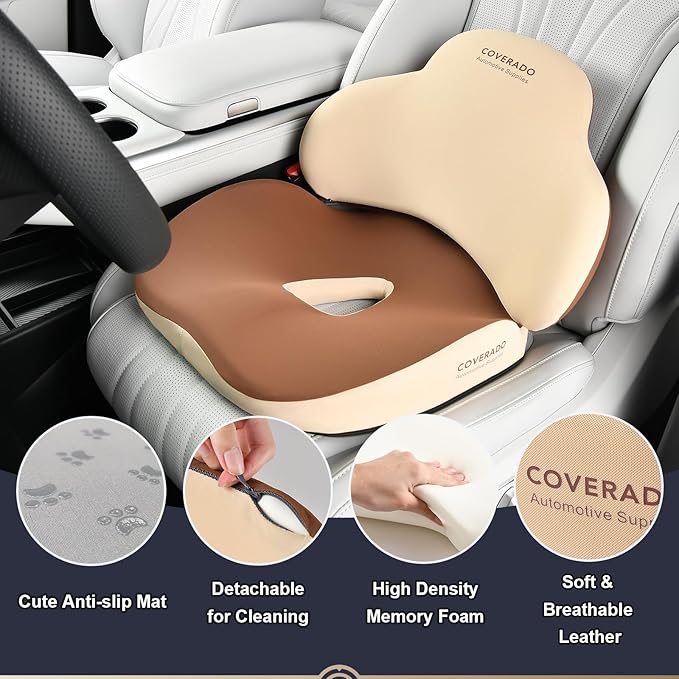 Coverado Car Seat Cushion and Lumbar Support Pillow, Memory Foam Ergonomic Back Support Driving Seat Cushion for Sciatica, Tailbone, Back Pain, Non-Slip Washable Cushion for Car, Driver, Office