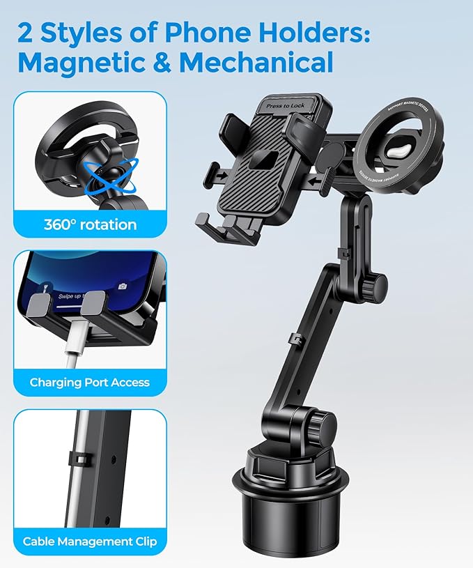 Dual Cup Phone Holder for Car, Cup Mount, Holds 2 Phones Simultaneously, car Phone Mount Compatible with MagSafe, Fits iPhone/Samsung/Motorola/Google/LG/TCL & 4.0-7.0 Inch Smartphones