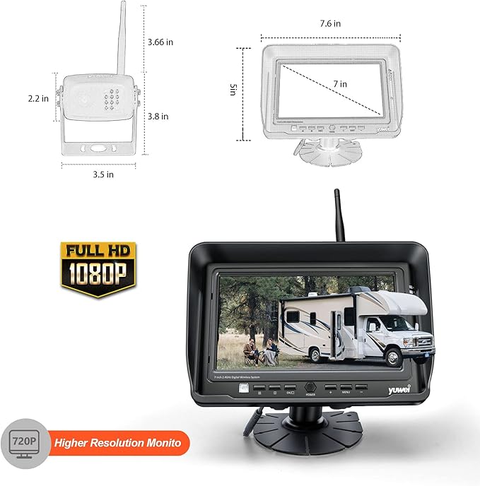 1080P Wireless Backup Camera System for RV, Trucks & Trailers – 7” HD Monitor, Stable Digital Signal up to 980ft, IP69 Waterproof Rear View Camera with Night Vision, Easy Install Kit