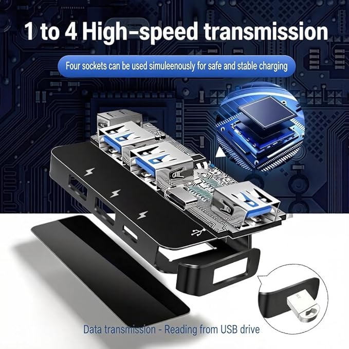 Car Accessories 4-in-1 Car USB Hub Equipped with a Data Interface and Multiple Type-C/USB-A Fast Charging interfaces，USB Hub for iPhone,iPad,Samsung Galaxy,USB Flash Drive，Android（Black）