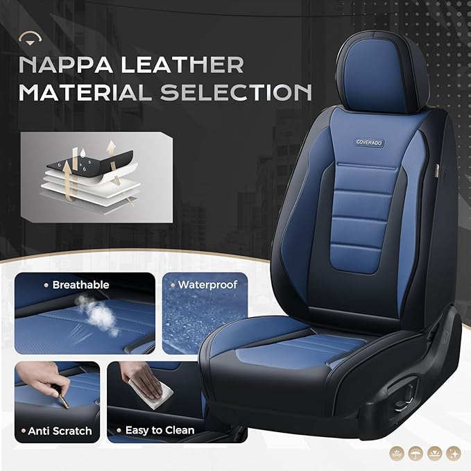 Coverado Car Seat Covers Front, Seat Covers for Cars, Waterproof 2-Pack Car Seat Cushions, Leather Carseat Seat Protectors, Universal Seat Covers Fit for Most Sedans SUV Pick-up Trucks(Black&Blue)