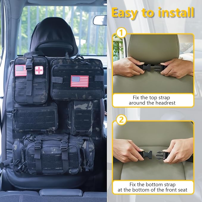 Universal Tactical Car Seat Back Organizer Bag Tactical Molle Vehicle Organizers Panel Vehicle Protector Organizers with 5 Detachable Pouches for Car Truck Ford Jeep (Upgraded D model Black camo)