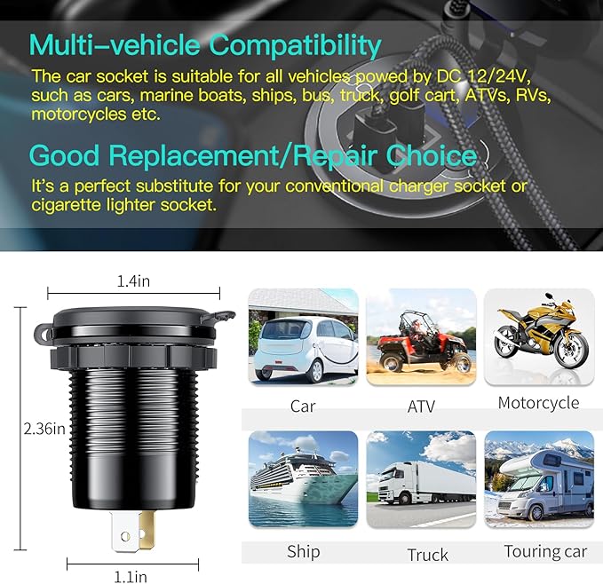 4 Port 12V USB Outlet Aluminum Charger with Voltmeter, 78W Fast Charge Dual PD3.0 & QC3.0 Multiple USB Port for Car, Marine USB C Socket Cigarette Lighter Replacement Waterproof 12 Volt Outlet, 2 Pack