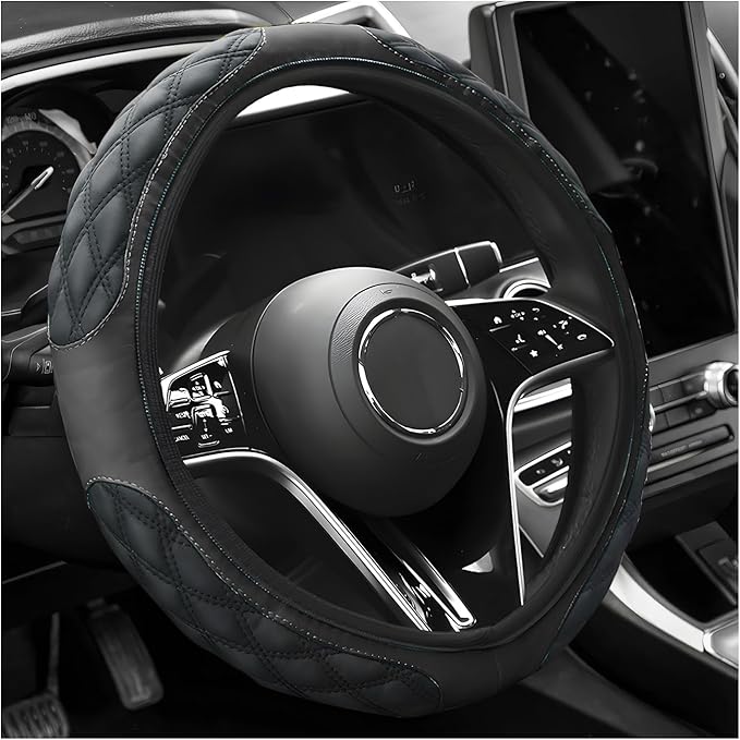 Car Steering Wheel Cover, 15 Inch Elastic Comfortable Auto Steering Wheel Protector, Anti-Slip Leather Wheel Cover Fashionable Interior Accessories for Most Cars Trucks SUVs (Black)