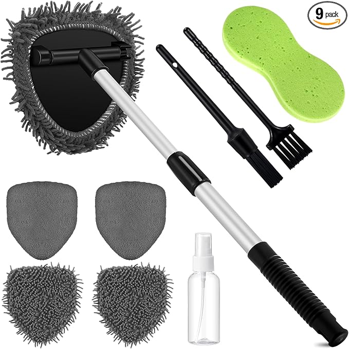 Baderke 9 Pcs Car Windshield Cleaner Tool Kit with with Extendable Handle, Microfiber Towel Pads, Sponge, Ventilation Brush, Empty Spray Bottle for Auto Glass Wiper Suvs Rvs & Home Windows(Grey)