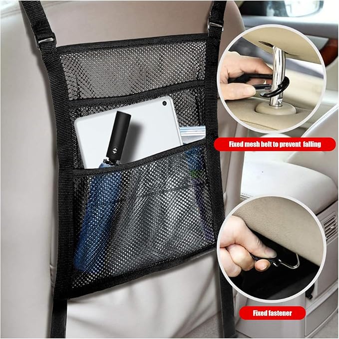 Pack-1 Car Seat Back Net Bag, Organizer Storage Between Front Seats, Barrier of Backseat Pet Kids, Net Car Handbag Holder Universal for Most Cars (Black)