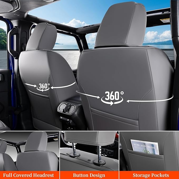 Coverado Seat Covers for Jeep Wrangler, Waterproof Seat Cover Full Set, Vehicle Leather Seat Protector for Unlimited Sahara Rubicon Willys Jeep Wrangler JL Seat Cushions 4 Door 2018-2026 (Gray)