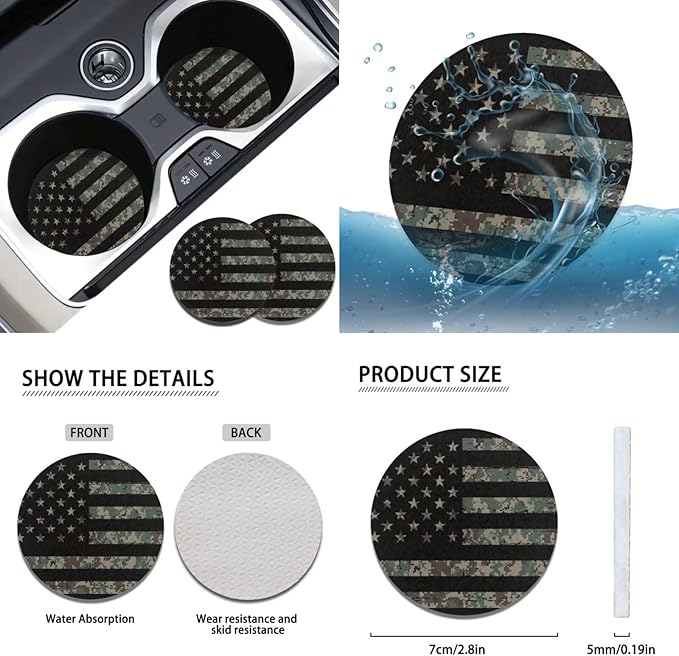FKELYI Camo Car Seat Covers Full Set American Flag Car Gear Shifter Knob and Handbrake Cover, Breathable Steering Wheel Protector, Headrest Covers,Cup Coasters