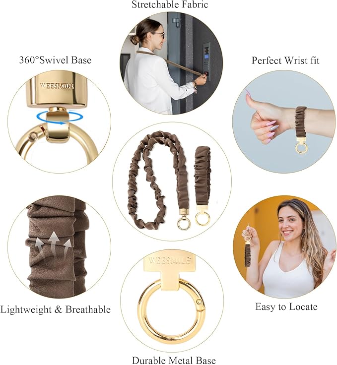 WEESMILE Keychain Wristlet, Stretchy Key Chain for Car Keys with D ring, Cute Scrunchie Wrist Bracelet for Women Men