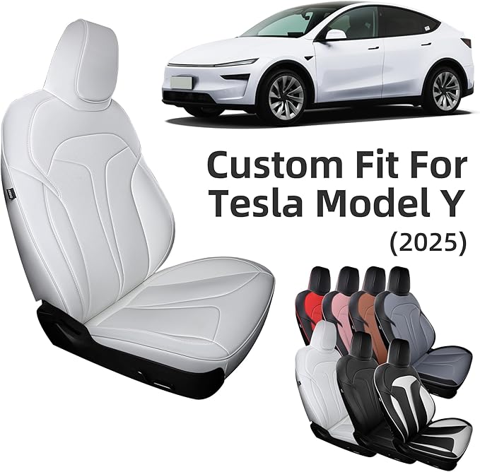 Custom Fit Seat Covers for 2025 2026 Tesla Model Y Juniper (5-Seater), Waterproof Breathable Nappa Leather, OEM Factory Style Full Set Car Seat Protectors Airbag Compatible - White
