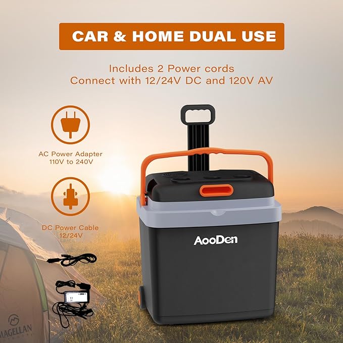 Electric Car Cooler and Warmer 35 Quart(33 Liter) Capacity with Draw bar and Wheels, Thermoelectric Iceless Cooler for Travel, Camping, Vehicles, Truck, Home - 12V DC and 120V AC