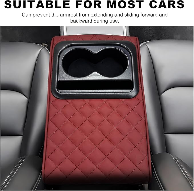 Car Center Console Armrest Pillow, Memory Foam Auto Armrest Box Cover with Cup Holder & Phone Holder, Waterproof Leather Arm Rest Protector Cushion, Interior Car Accessories (Diamond, Wine Red)