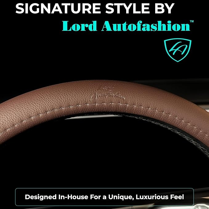 Lord Autofashion Steering Wheel Cover – PU Leather, Non-Slip Rubber Inner, All-Season Comfort – 14.5–15 Inch (Brown 9283)