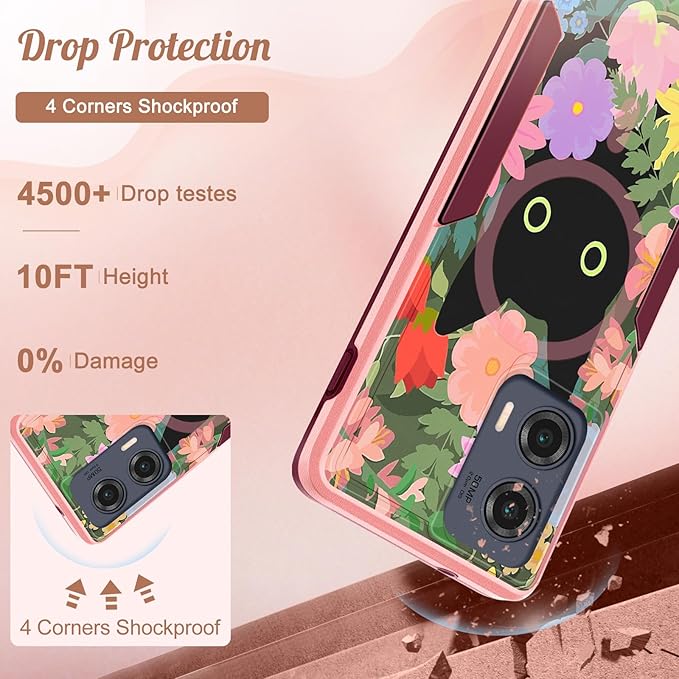 for Moto Edge 2024 Case - Compatible with MagSafe Women Girls Cute Magnetic Protective Phone Cover Kawaii Cat Flower Floral Heavy Duty Shockproof Design for Motorola Moto Edge 2024 Cases