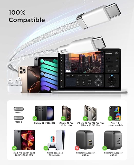 USB C to C Cable StayCable with Organizer Magnetic Holder 5FT, 60W Fast Charging Braid Type-C Charger Data Cord, for iPhone 17/16/15 Laptop Car Desk Nightstand Cable Management Original Design