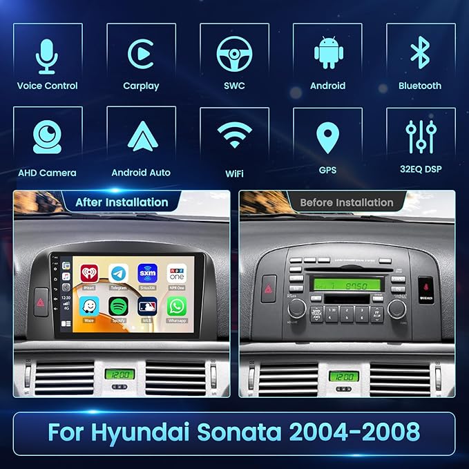 2+64GB Android 15 Car Radio for Hyundai Sonata 2004-2008 Wireless Carplay Android Auto, 9" Touch Screen Car Stereo GPS Navi, WiFi, Bluetooth, Backup Camera, FM RDS Radio, EQ DSP, SWC