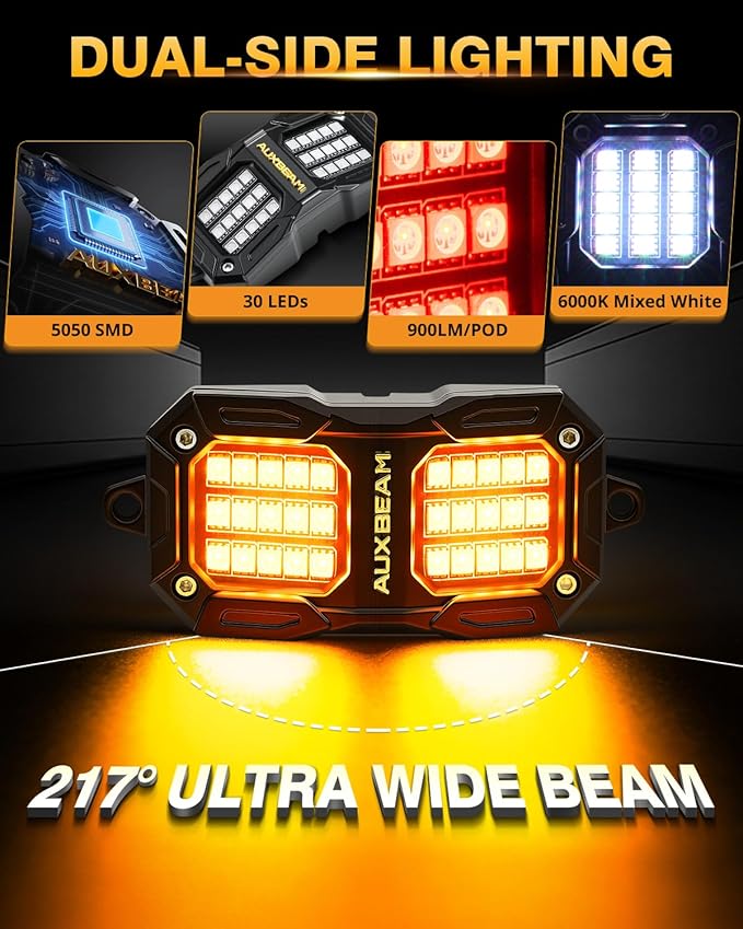 Auxbeam 2 Pods Dynamic Color Changing RGB LED Rock Lights No-Dark-Spot Bluetooth APP&Remote Control Music Voice Sync IP67 Waterproof Wheel Well Lights w/Brake Mode 1 Year Warranty (NO Controller)