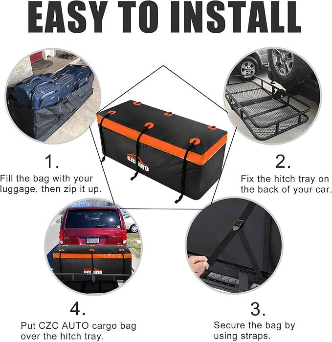 CZC AUTO Hitch Cargo Carrier Bag, 20 cu. ft Waterproof/Rainproof/Weatherproof Cargo Traveling Bag for Car Truck SUV Vans' Hitch Tray and Hitch Basket, Safe Steady Durable Soft, Black-Orange
