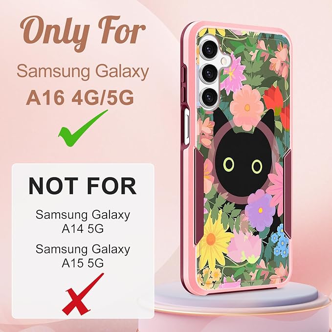 for Samsung Galaxy A16 5G Phone Case - Compatible with MagSafe Women Girls Cute Magnetic Protective Cover Kawaii Girly Cat Flower Floral Heavy Duty Shockproof Design for Samsung A16 5G Case