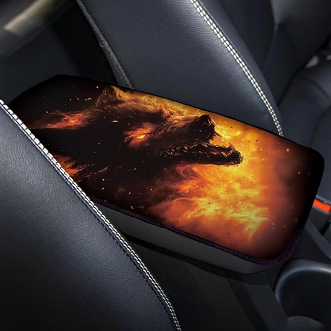 Wolf Print Car Center Console Cover Non Slip Decorative Armrest Cushion Cover for Cars Universal Fit Most Vehicles, Easy to Install