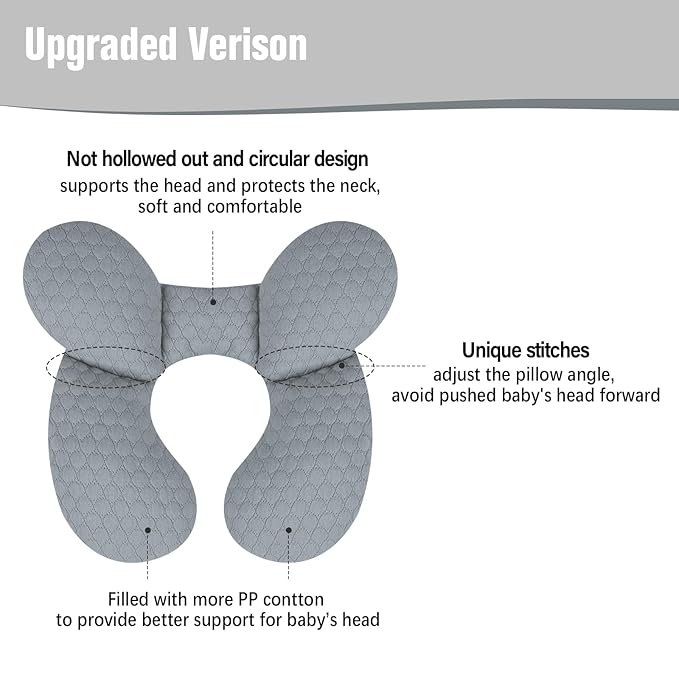 KAKIBLIN Baby Travel Pillow, Upgraded Baby Neck Pillows for Car Seat, Babies Support Pillow, Infant Neck Pillow for Head and Neck, Newborn Head Support for Car Seat,Stroller, Pushchair (Light Grey)