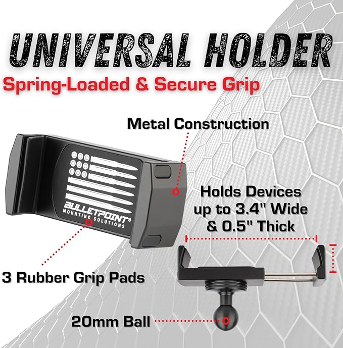 Bulletpoint Dash Cell Phone Holder For RAM Truck (2019+ 1500, 2500, 3500 and TRX) with 20mm Single Ball Mount - Compatible with iPhone and Android Smartphones