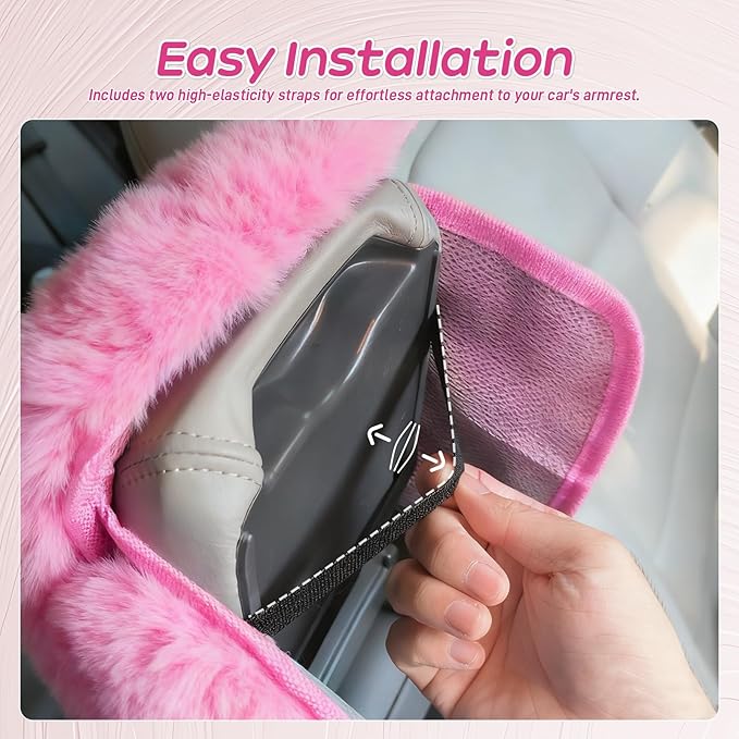 Fluffy Car Armrest Cover with Side Pockets – Plush Fuzzy Fur Center Console Armrest Cushion Pad, Universal Winter Car Interior Protector, Soft Arm Rest Cover with Storage for Women & Men (PINK)