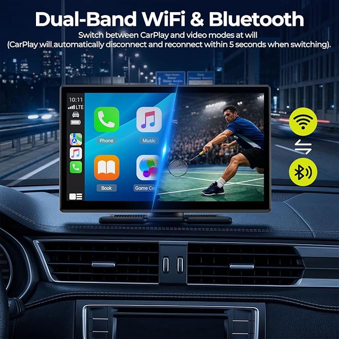 LAMTTO 9" Wireless CarPlay Screen with Net-Flix YouTube Apps Portable Car Play Screen for Apple Carplay and Android Auto with Backup Camera Navigation Bluetooth Voice Control AUX Siri