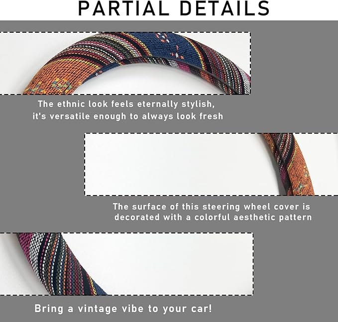 Boho Steering Wheel Cover, 15.0"×15.0" Anti-Slip Baja Blanket Ethnic Steering Wheel Protector, Breathable Flax Cloth Elastic Bohemian Steering Wheel Cover, Car Accessories (Style C)