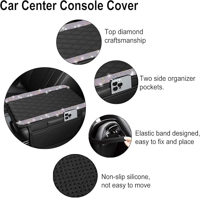 NBTEPEM Bling Car Center Console Cover, Leather Car Arm Rest Cover Cushion with 2 Storage Bags, Universal Auto Armrest Protector Storage Box, Bling Accessories Interior for Most Vehicles (Multicolor)