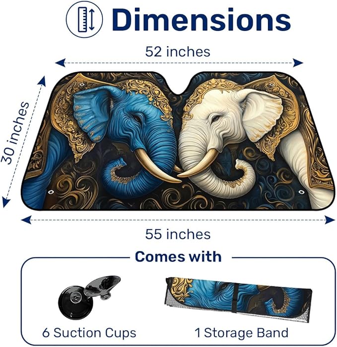 GENANY Elephant Couple Windshield Sun Shade for Car SUV Truck (55x30 Inches), Sun Shade Windshield, Shades for Front Windows, Spring Car Decor, Xmas Auto Gift