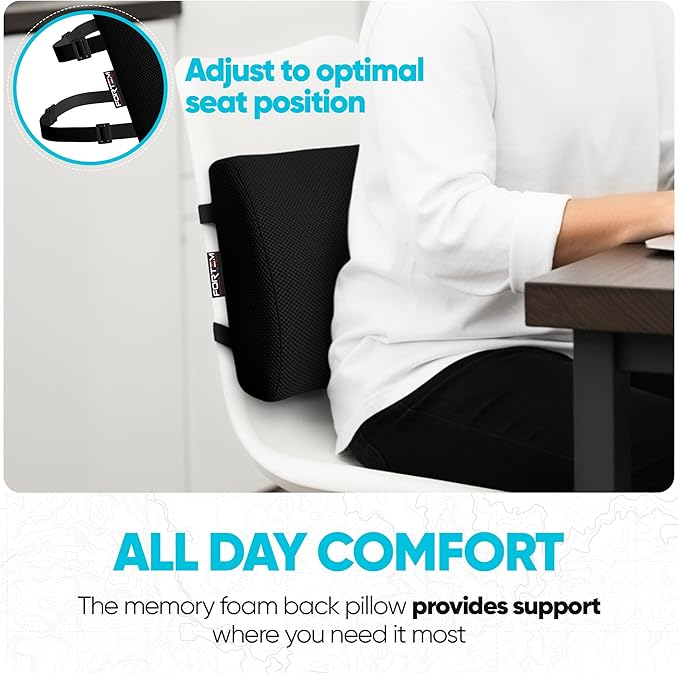 FORTEM Lumbar Support Pillow for Office Chair, Lumbar Support Pillow for Car, Back Rest for Gaming, Memory Foam Pillow, Desk Chair Cushion, Breathable & Washable Cover, Adjustable Straps