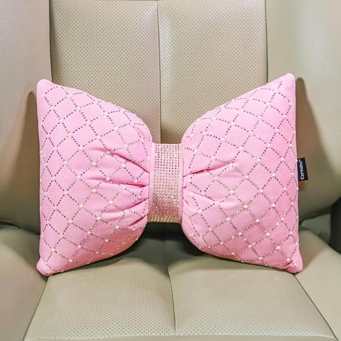 Pink Bow Lumbar Support Pillow for Car Accessory Women Girl Couch Cushion Decorative Back Pillow Bling Rhinestone Pearls 1 Pack