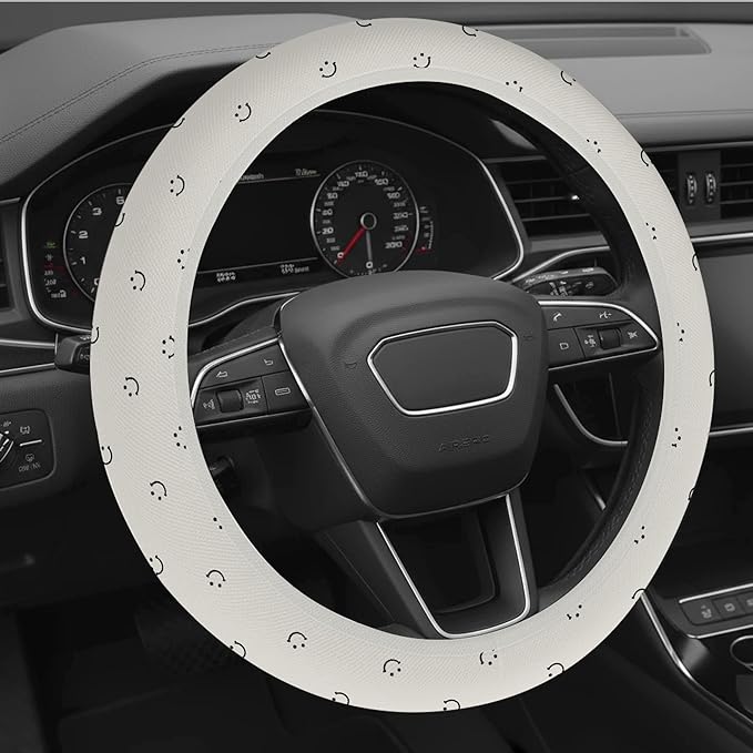 Cute White Steering Wheel Cover Soft Cloth Fabric Car Wheel Covers 14.5 15 Inch Universal Fit Breathable Washable Car Accessory Cool in Summer