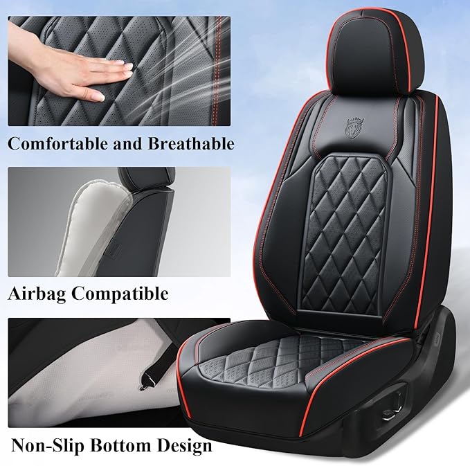 Coverado Seat Covers, Car Seat Cover Front Seats, 2-Pack Luxury Faux Leather Car Seat Covers, Waterproof Car Seat Protector, Black Seat Cover Front Seat Cover Universal Fit for Most Cars, Black&Red