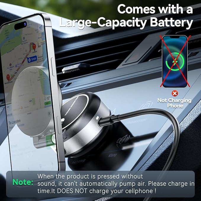 Vacuum Suction Magnetic Car Phone Holder, Electric Magnetic Car Phone Holder Mount Foldable Adjustable Car Mount for iPhone12-16,Mirror/Glass/Screen/Smooth None Porous Surface (Not Charge Phone)