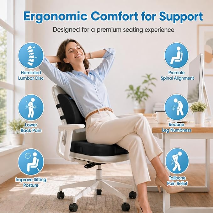CloudBliss Lumbar Support Pillow & Seat Cushion Set for Office Chair, Desk Chair, Wheelchair & Car – Memory Foam Back Support, Ergonomic Chair Cushions, Sciatica Pain Relief, Home Essentials, Black