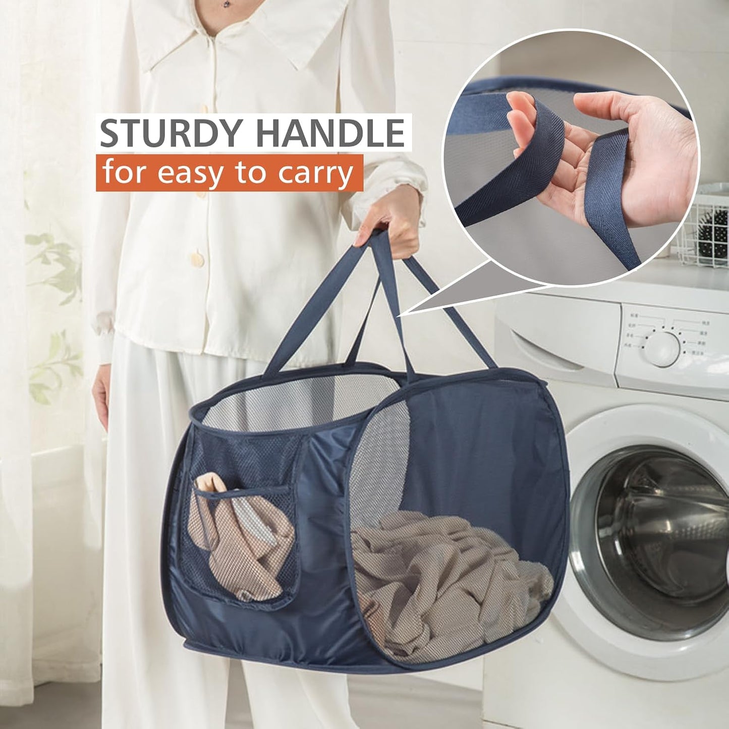 Sturdy Mesh Laundry Hamper Basket Bag,Pop up Basket with Side Pocket for Laundry Room, Bathroom, Kids Room, College Dorm or Travel (Pop Horizontal, Pink)