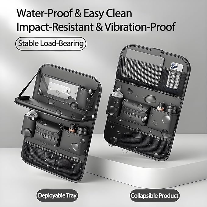 2 Pack Universal Foldable Car Backseat Organizer with Table Tray, Car Seat Back Protector with Touch Screen Phone Holder, Premium Leather Kick Mats with Storage Pockets Tissue Box (Black)
