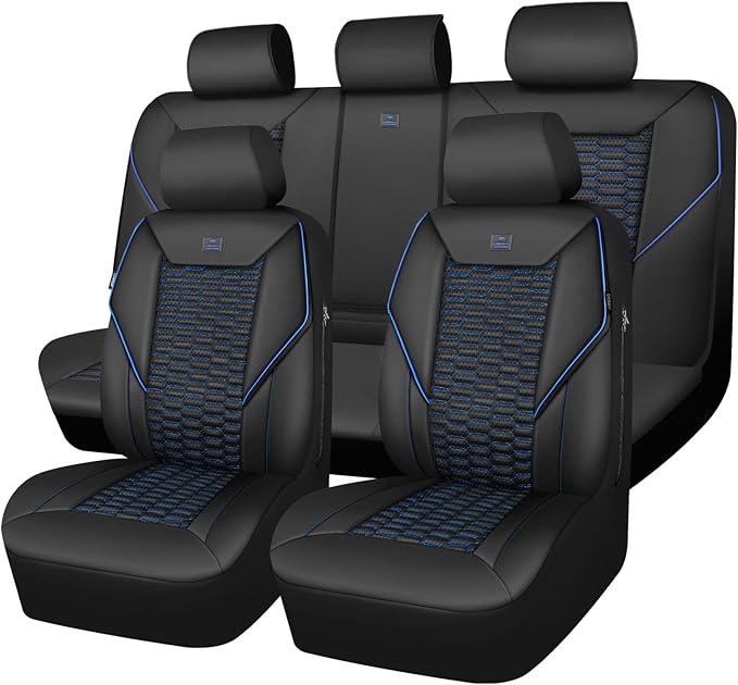 CAR PASS 3D Foam PU Leather Car Seat Covers Full Set,Luxury Breathable Faux Leather Seat Covers for Car,Anti Slip Universal Fit for SUVs Vans Sedan Truck Auto,Armrest Airbag Compatible,Black and Blue