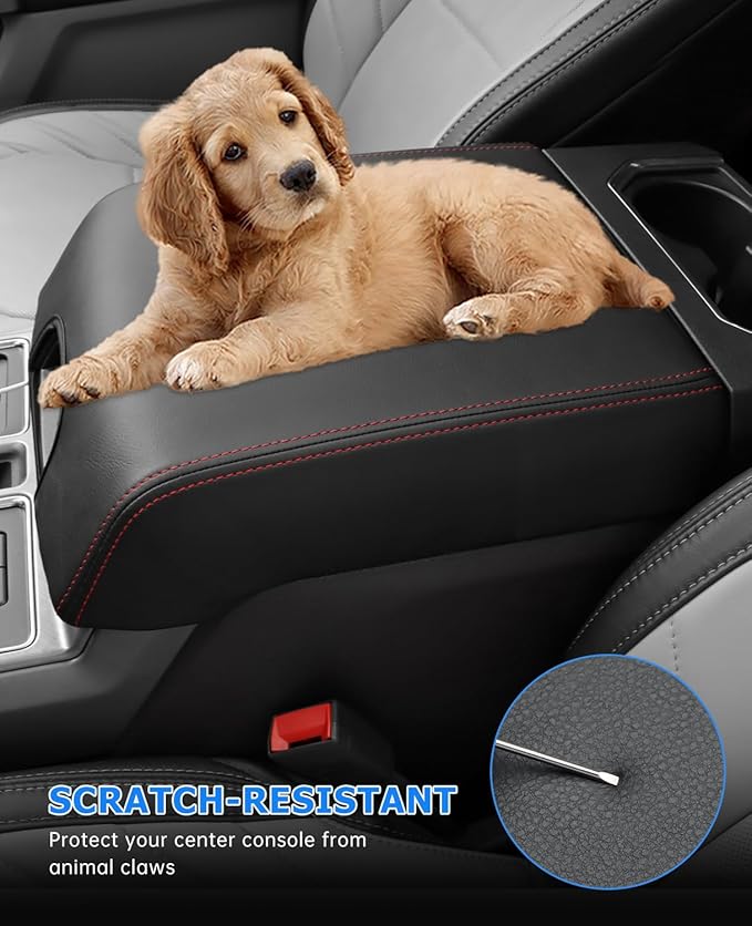 INTGET Center Console Cover for Ford F150 Accessories 2015-2020 2016 2017 2018 2019 Car Middle Lid Seat Armrest Cover Protector Elbow Cushion Pad (red Stitches, 2015-2020)