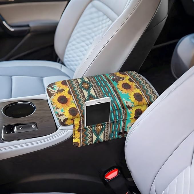 Wanyint Aztec Sunflower Blue Auto Center Console Cover Soft Armrest Box Pad Protector Middle Console Cover with Pockets Storage Bag Hand Rest Pillow Car Interior Decor Accessories