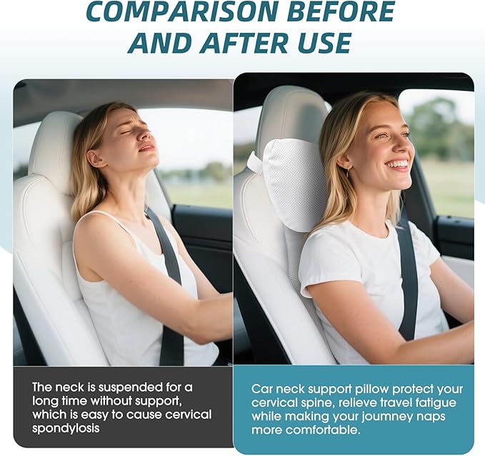 Upgraded Car Seat Neck Pillow - Adjustable Height Headrest Cushions - for Tesla Model 3/Y/S/X High-Elastic Pearl Cotton Inner & Ventilated Nappa Leather - Relieves Neck Pain 2 Pack Black