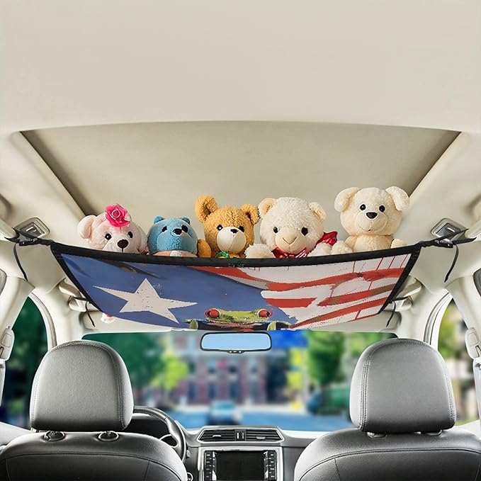 NDISTIN Funny Frog Car Ceiling Storage Net Adjustable Car Ceiling Cargo Net Pocket Puerto Rico Mesh Interior Car Roof Cargo Net Universal Fit for SUV Truck Van Auto Accessory Decor