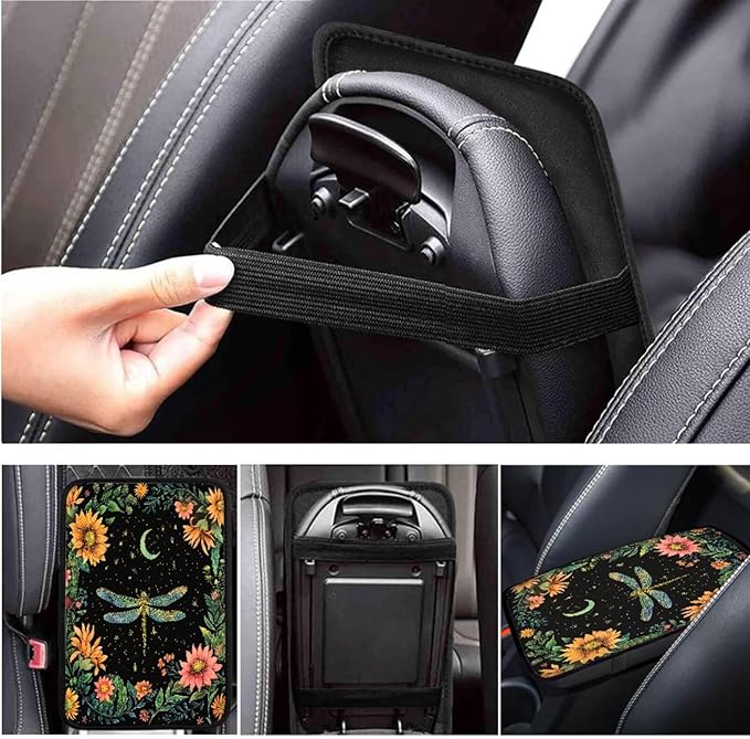 Dragonfly Print 6 Pcs car Steering Wheel Cover Handbrake Gear Cover Cup Coaster Armrest Cover Cars Interior Decor Protector Fit for SUV Truck Sedan