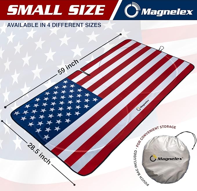 Magnelex American Flag Windshield Sun Shade, High-Resolution Car Sun Shield with Mirror Cut-Out for Automotive Interior Sun Protection Heat Reduction, Folding Car Sunshade - Small