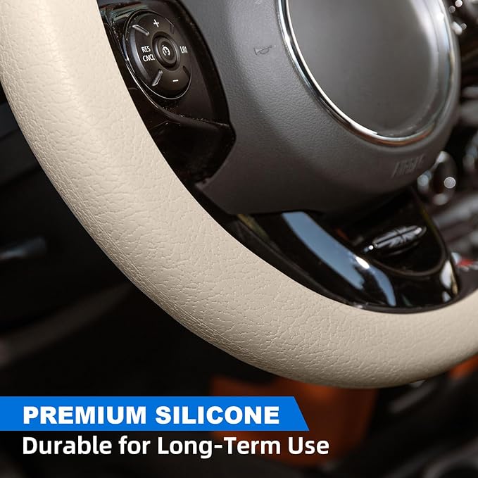 Spurtar Beige Car Steering Wheel Cover Men, Soft Thin Silicone Leather Texture Car Accessories for Women, Fit Diamenter 15" - 16.5"
