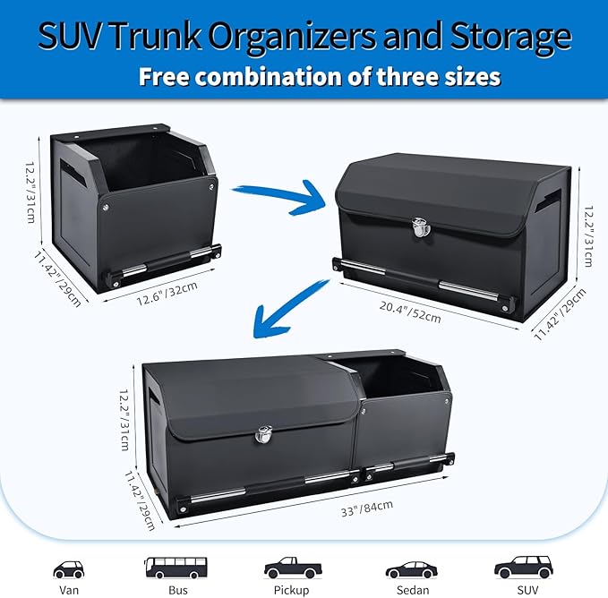 SUV Trunk Organizers and Storage, Leather Car Trunk Storage Organizer with Lid & Push-pull Handle, Combination of SUV Cargo Organizer, Waterproof Car Storage Box for Sedan Van Minivans