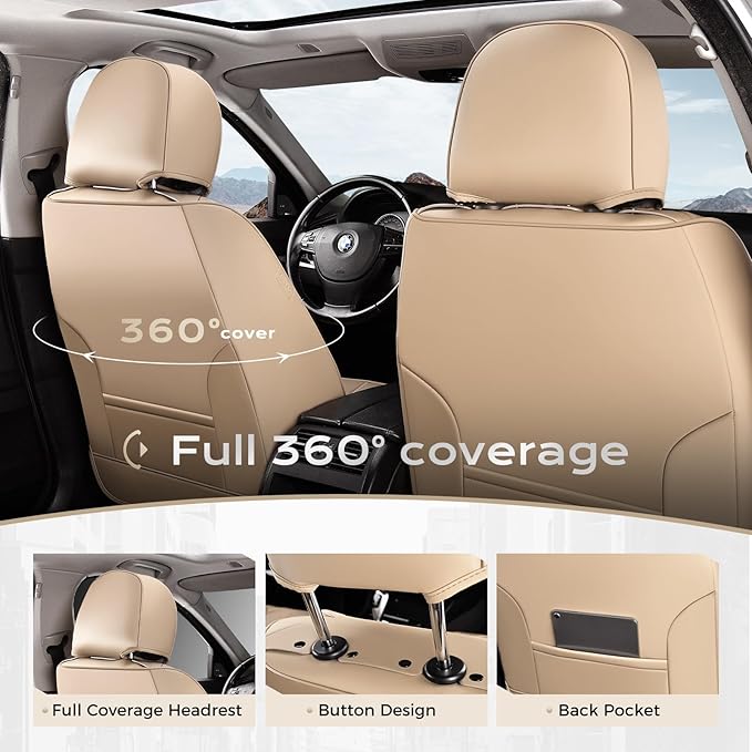 Coverado Car Seat Cover, Cover for Cars Front Seat, Premium Leather, Universal Fit Waterproof Seat Protectors, Car Seat Cushion Non-Slip for Most Cars-Beige