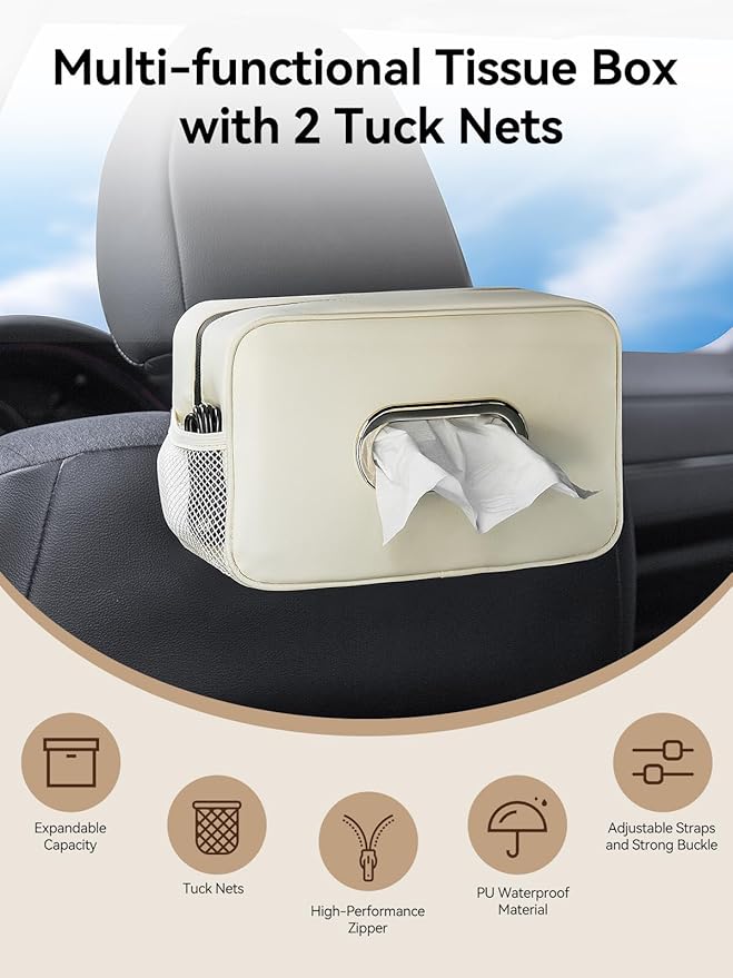 2 Pack Multi-Functional Car Tissue Holder with ‌2 Tuck Nets, Upgraded PU Leather Tissue Box Cover, Large Rectangle Napkin Storage Organizer, Keep Car Tidy, Beige